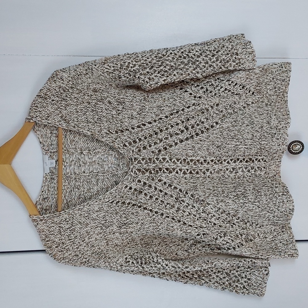 J Jill Womens Neutral Tan/Cream Open Knit Marled Vneck Sweater  Minimalist Sz.SP